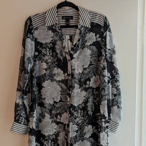 INC International Concepts    Long  Sheer Blouse of Black & White Flowers